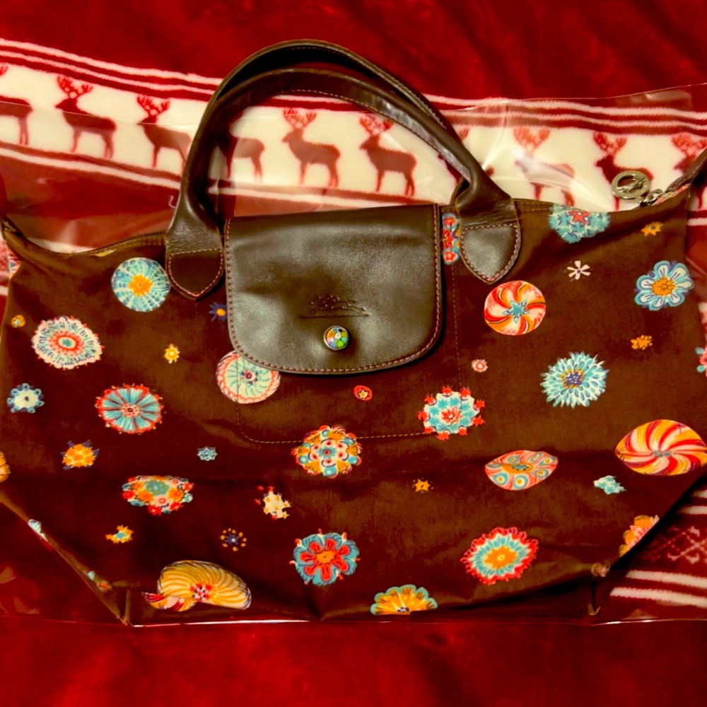Authentic Longchamp Le Pliage Brown Blue  Florals Medium Canvas Tote
